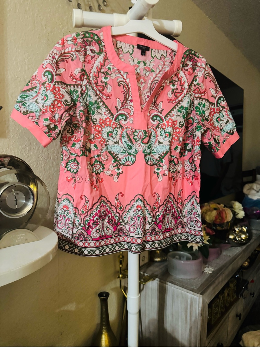 Talbots Pink Paisley Notch-Neck Short-Sleeve Blouse